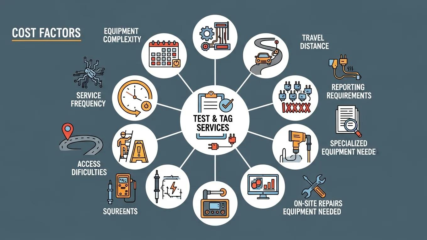 Visual representation of cost factors influencing test and tag services, highlighting equipment complexity and service frequency