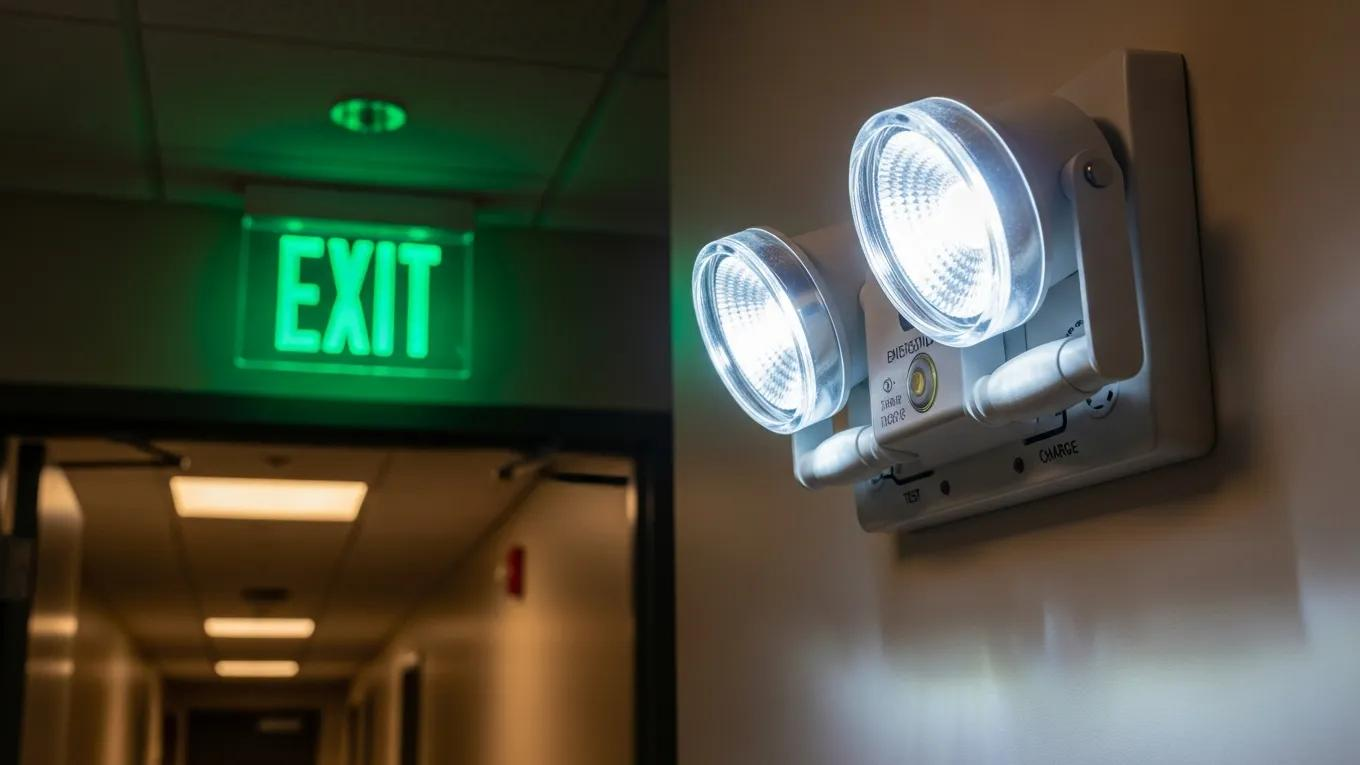 Well-maintained emergency lighting system in a commercial building during a simulated emergency