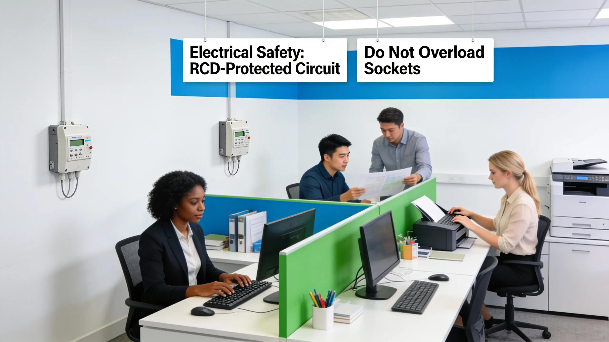 Workplace safety measures with RCD devices and employees working in a safe environment