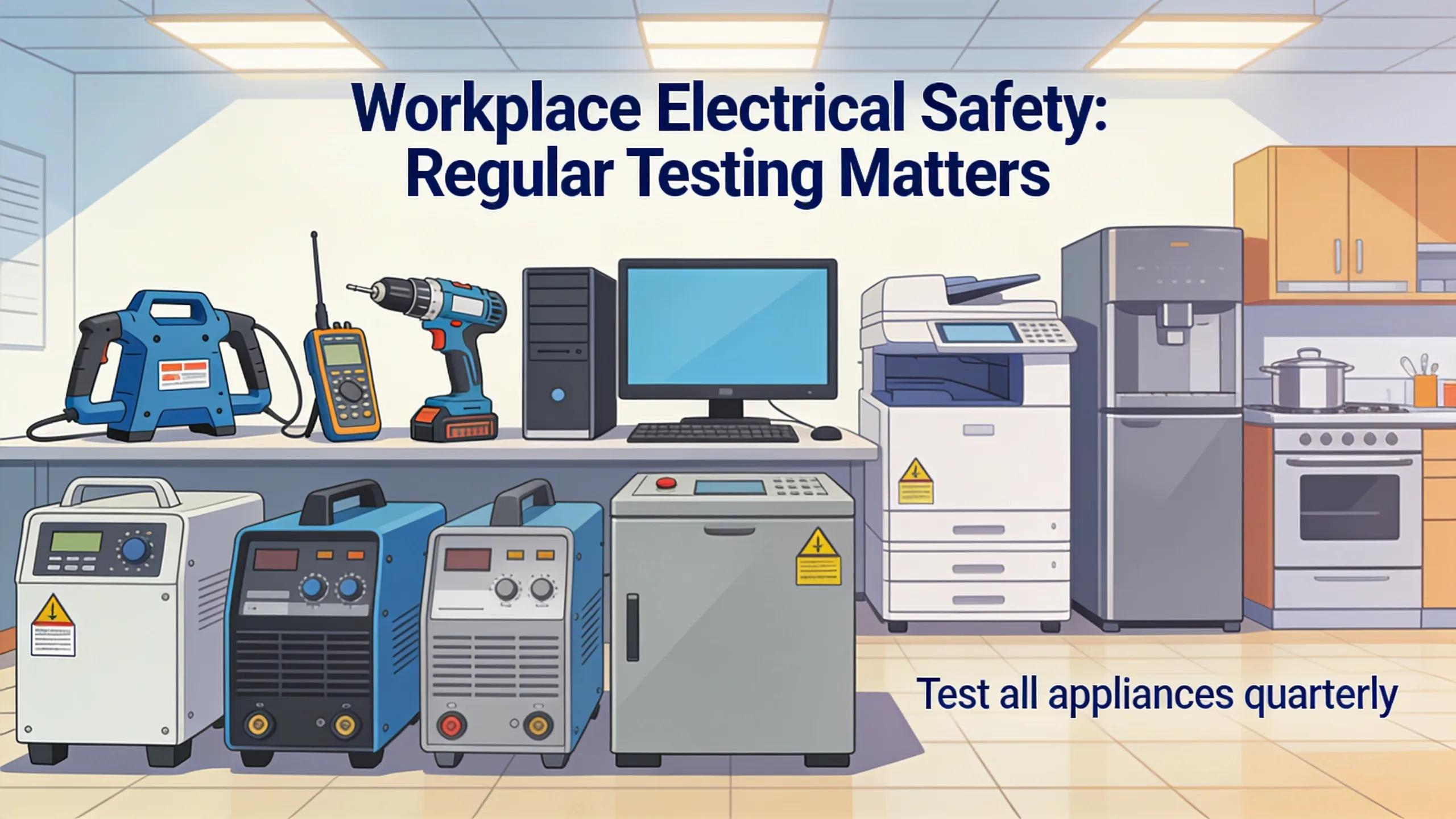 Various electrical appliances including power tools, computers, and kitchen equipment arranged in a safe commercial environment