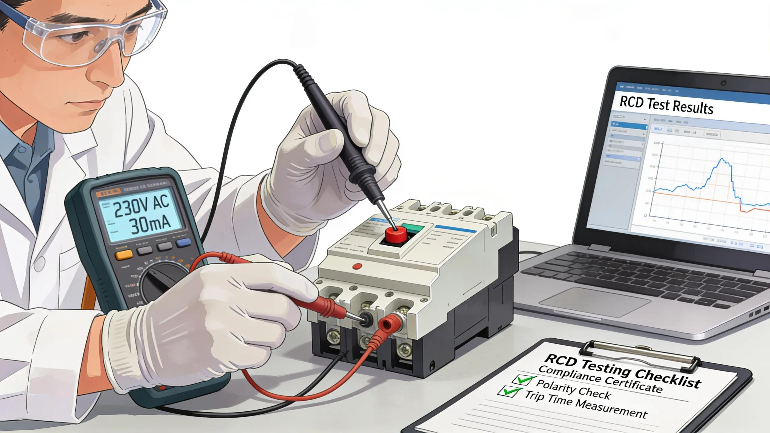 Technician performing functional tests on a Residual Current Device in a professional setting