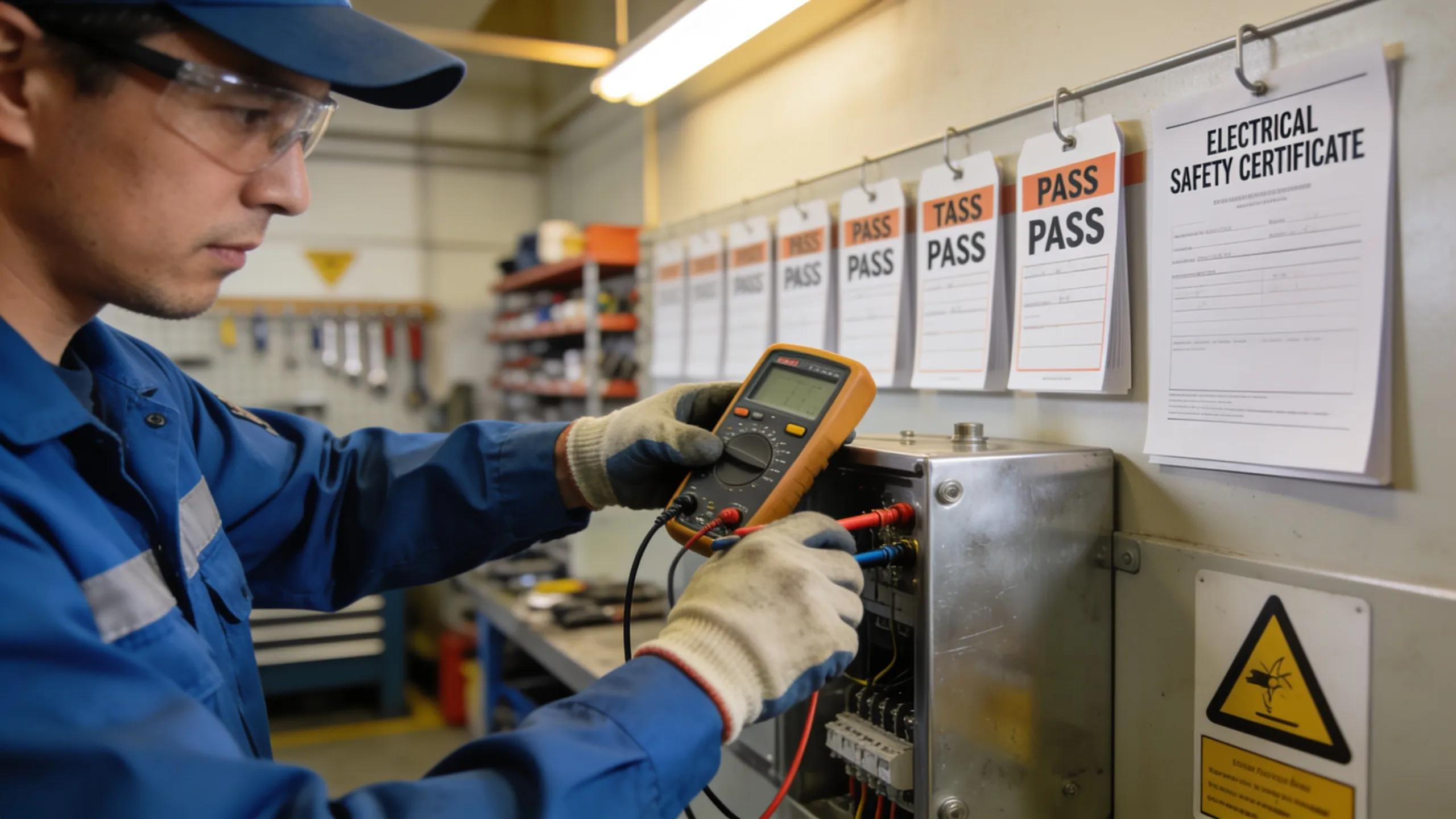 Technician conducting electrical safety tests on equipment with compliance documentation in a workshop