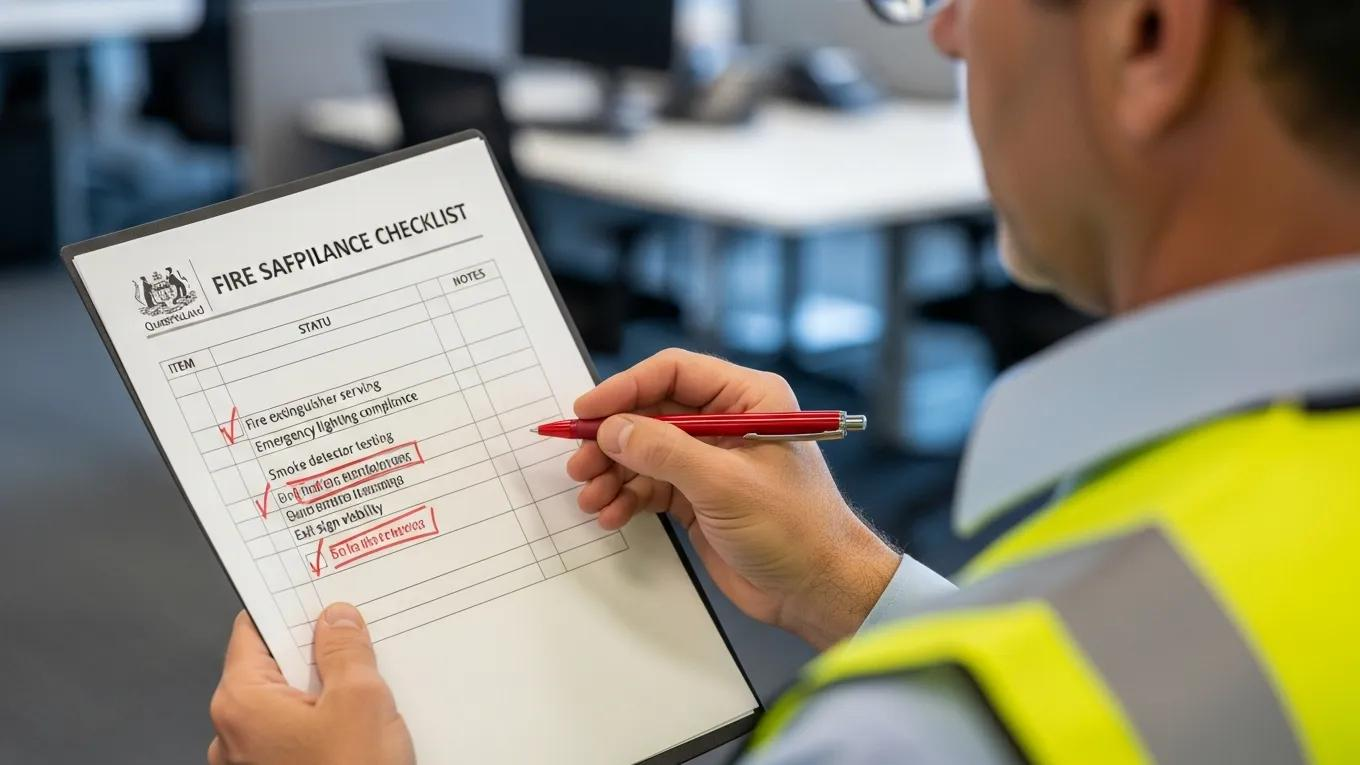 Safety officer reviewing fire safety compliance checklist in an office