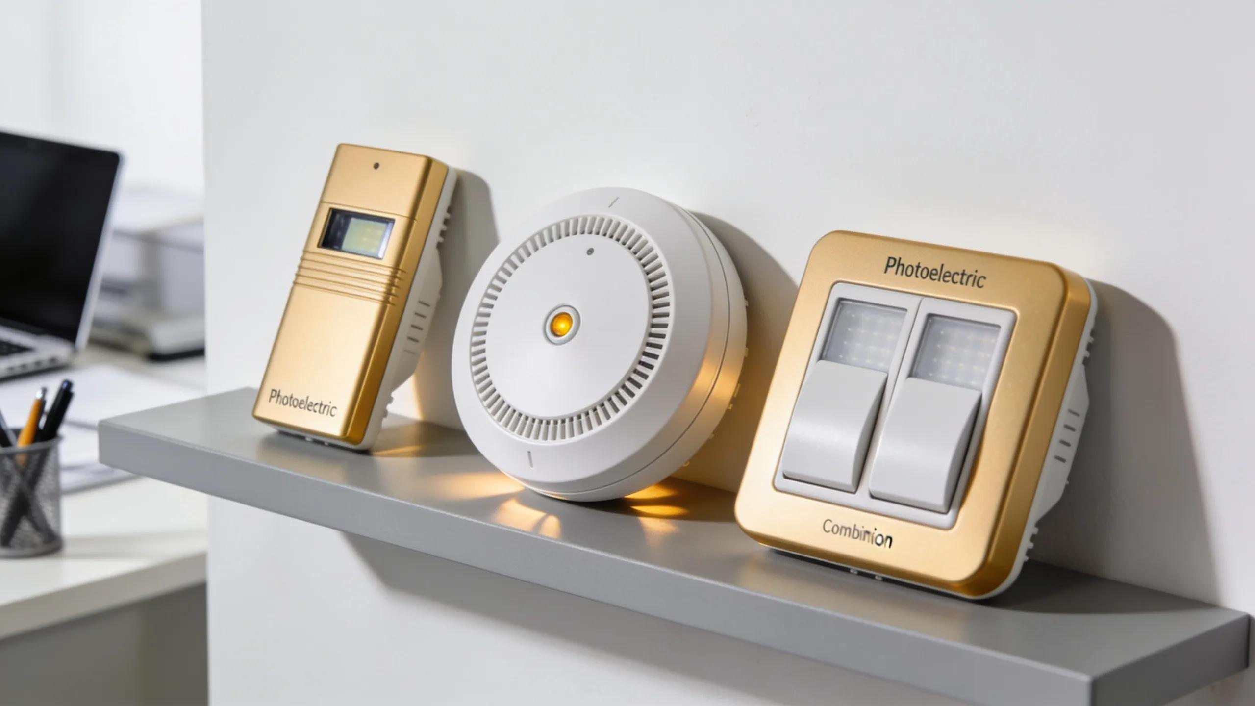 Variety of smoke alarms including photoelectric, ionization, and combination models displayed in a professional environment