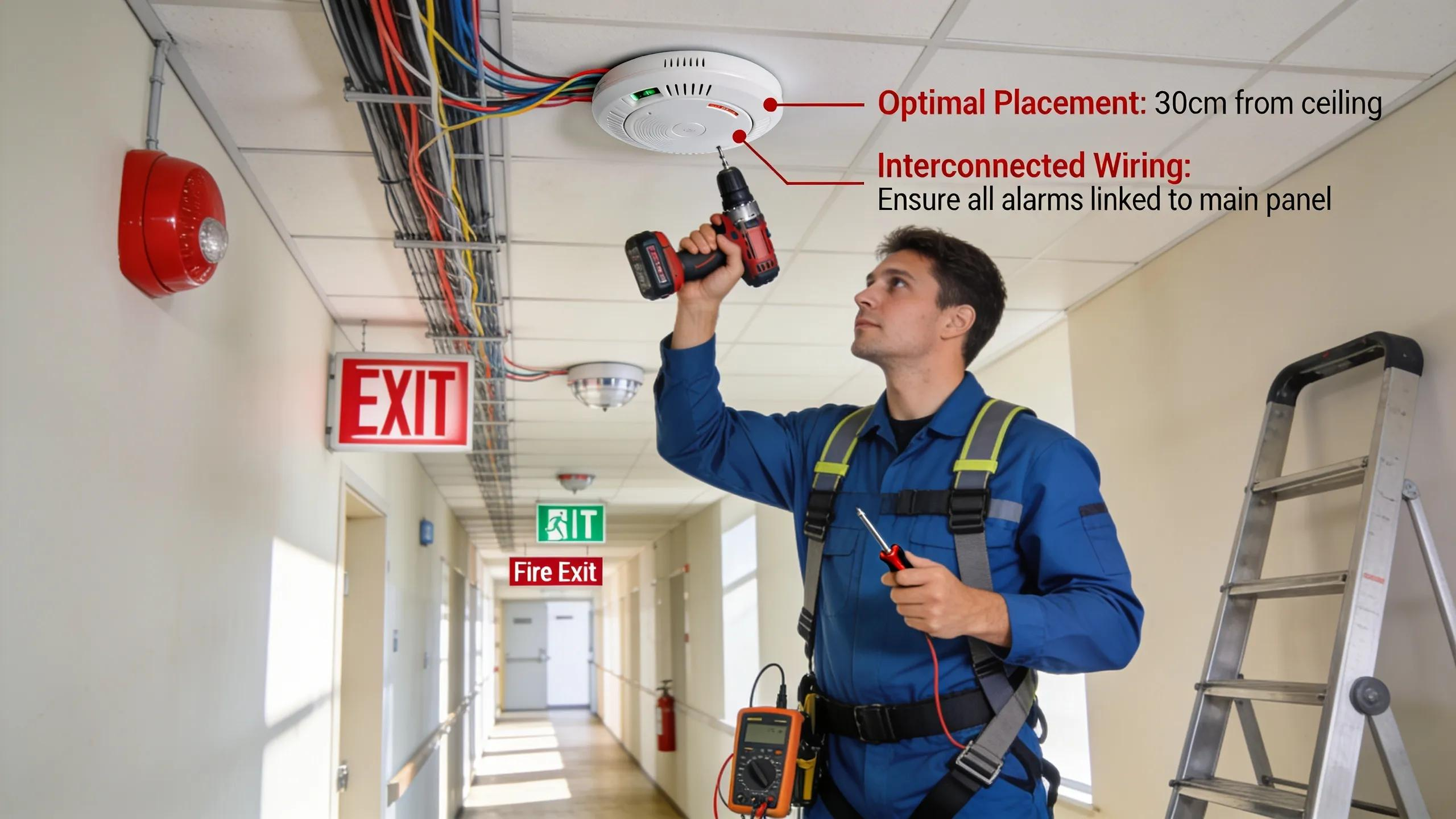 Technician installing a smoke alarm following safety installation requirements in a commercial property