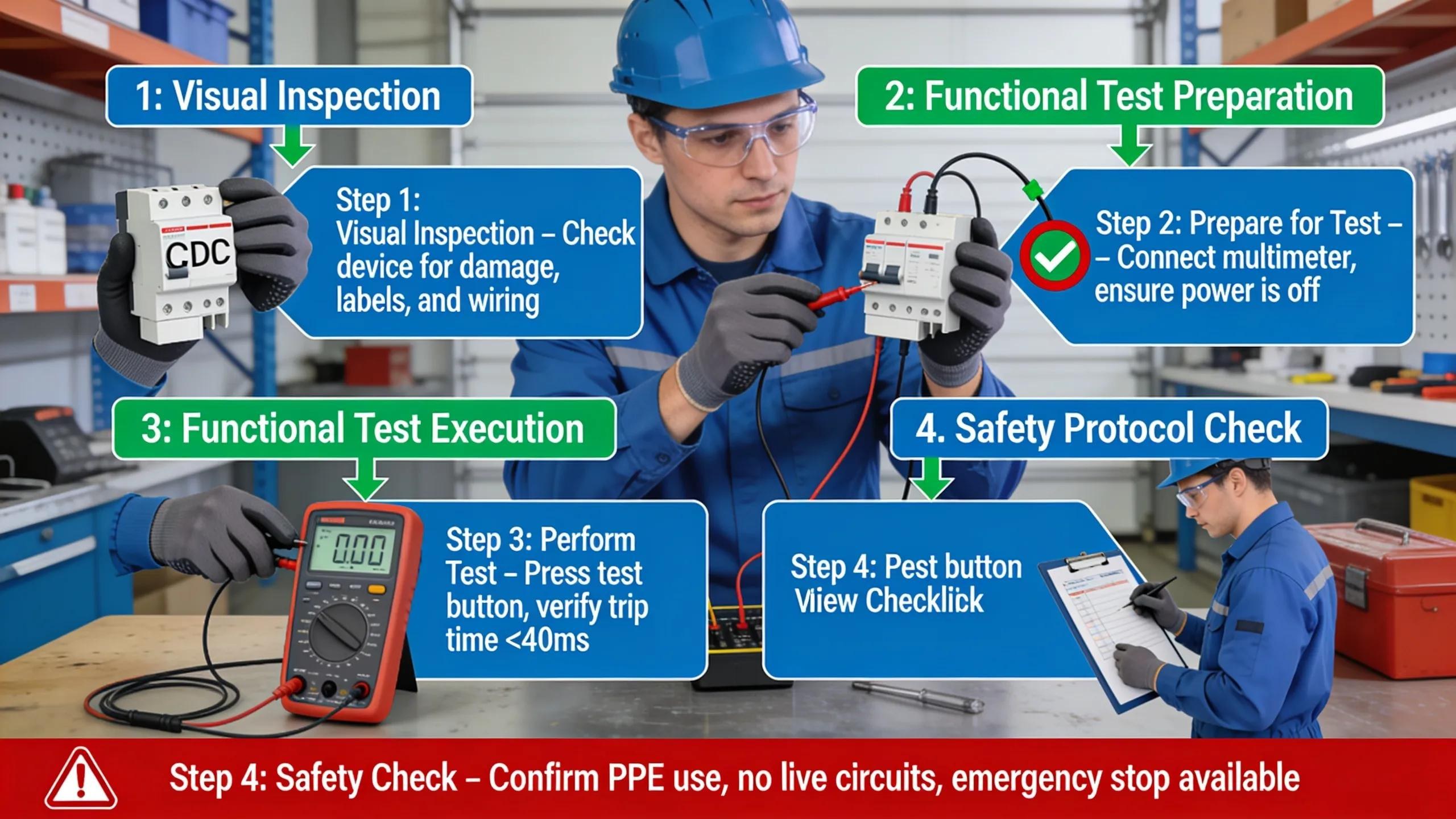 Technician performing RCD testing on workplace electrical safety equipment