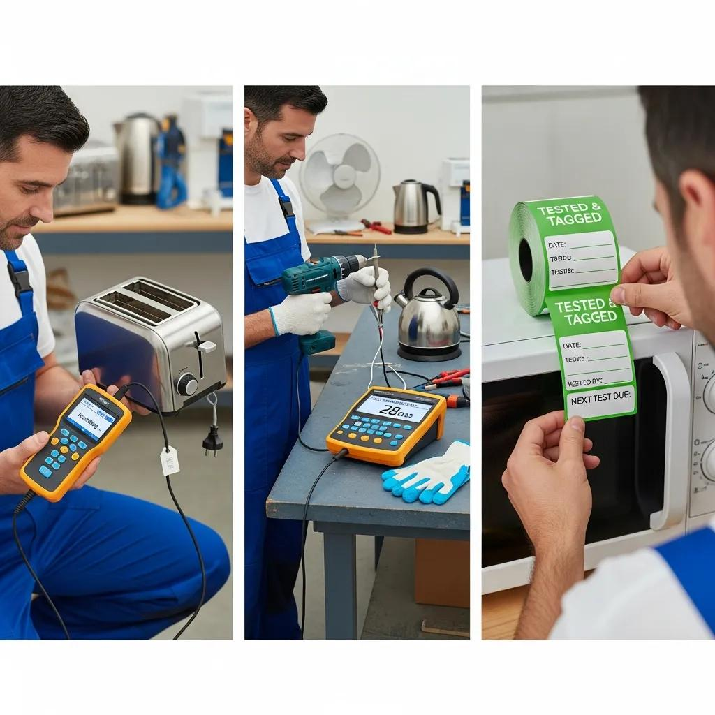 Electrician performing visual inspections and tagging compliant electrical appliances during testing procedures