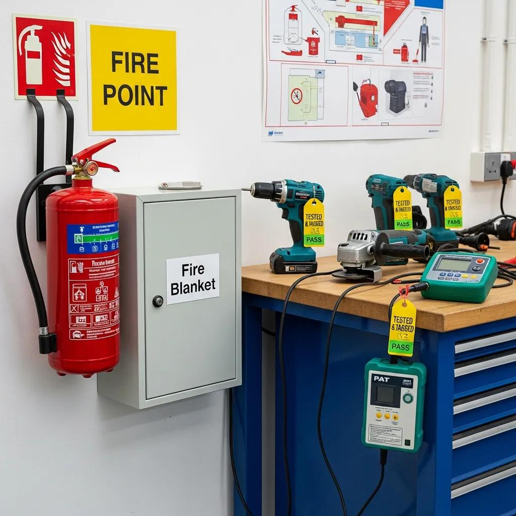Integration of fire safety compliance with electrical test and tag services, showcasing safety equipment and tagged appliances