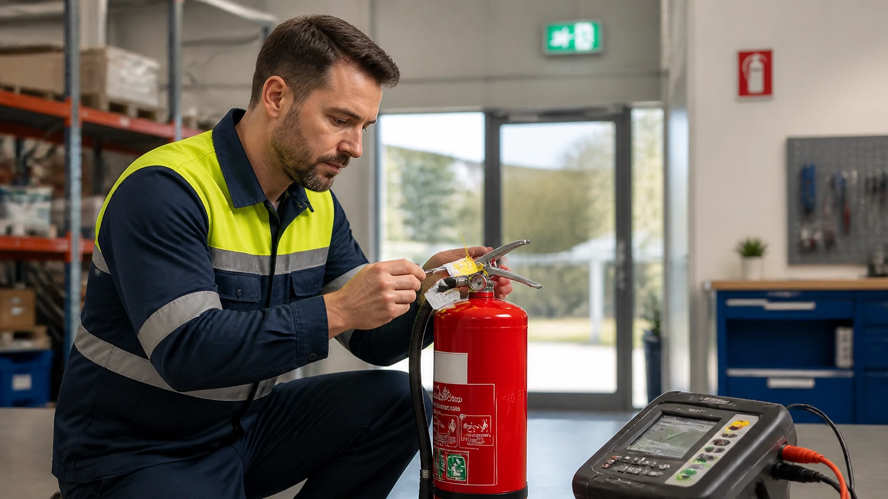 ABC Test Tag & Fire technician inspecting a red fire extinguisher in a Capalaba workplace